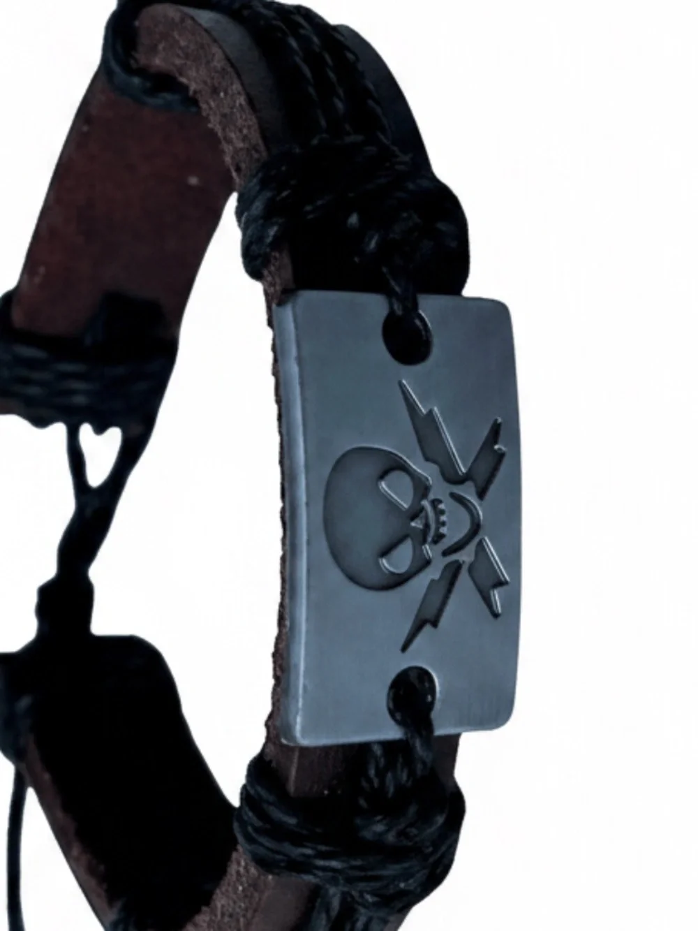 Mens Black Brown Leather Cord Bracelet with Skull and Crossbones Design